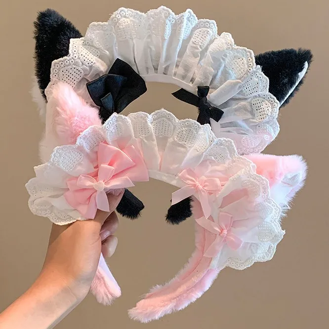 Plush Cat Ear Headband with Pink Bow – Cute Fluffy Cosplay Hair Hoop for Lolita Costume, Kawaii Photo Prop & Face Wash Skincare Headband for Women Girls